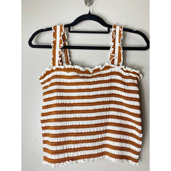 VERONICA BEARD TOP BROWN TAN WHITE RUCHED SMOCKED CROP STRIPED CAFE NEUTRAL - Picture 2 of 14